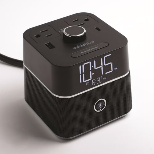 Brandstand CubieBlue 2.0 Alarm Clock with Bluetooth Speaker, 2 Outlets, 2 USB Charging Ports, Black